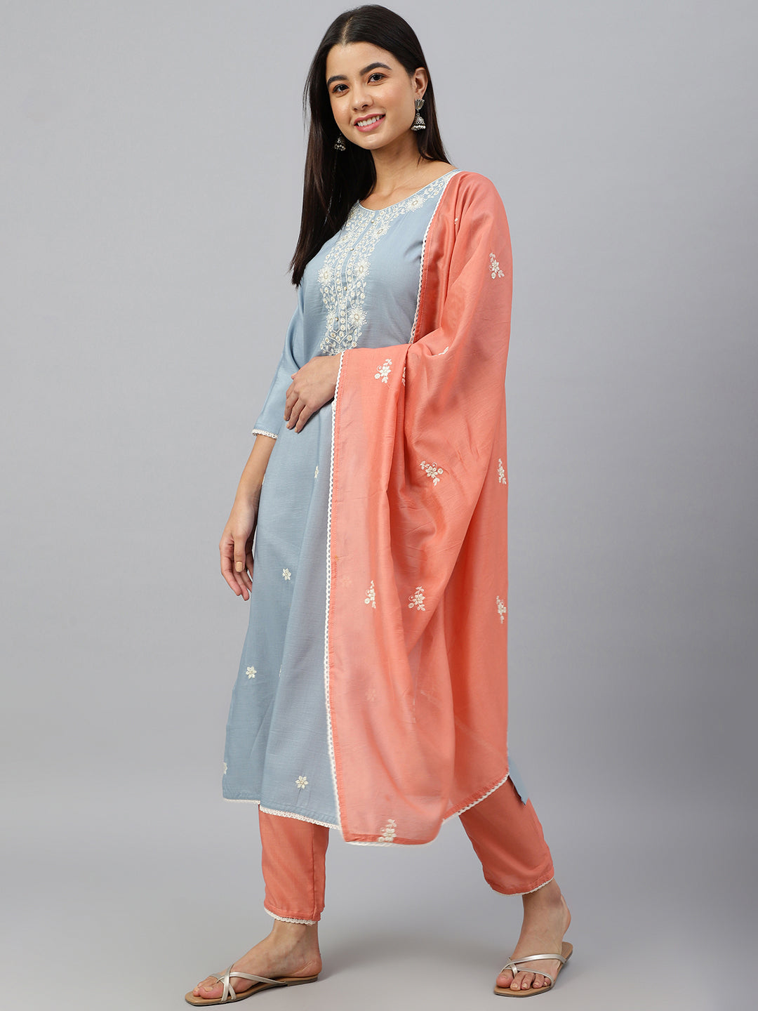 Janasya Women's Grey Poly Silk Floral Embroidery Kurta With Pant And Dupatta | Swadesiicart