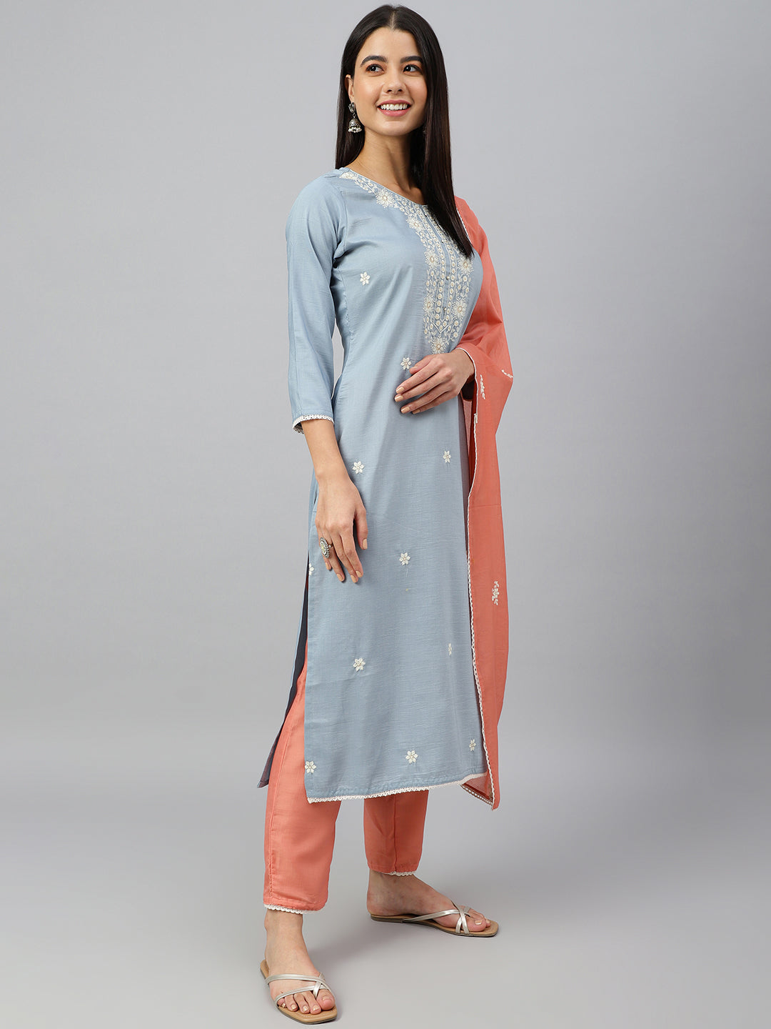 Janasya Women's Grey Poly Silk Floral Embroidery Kurta With Pant And Dupatta | Swadesiicart