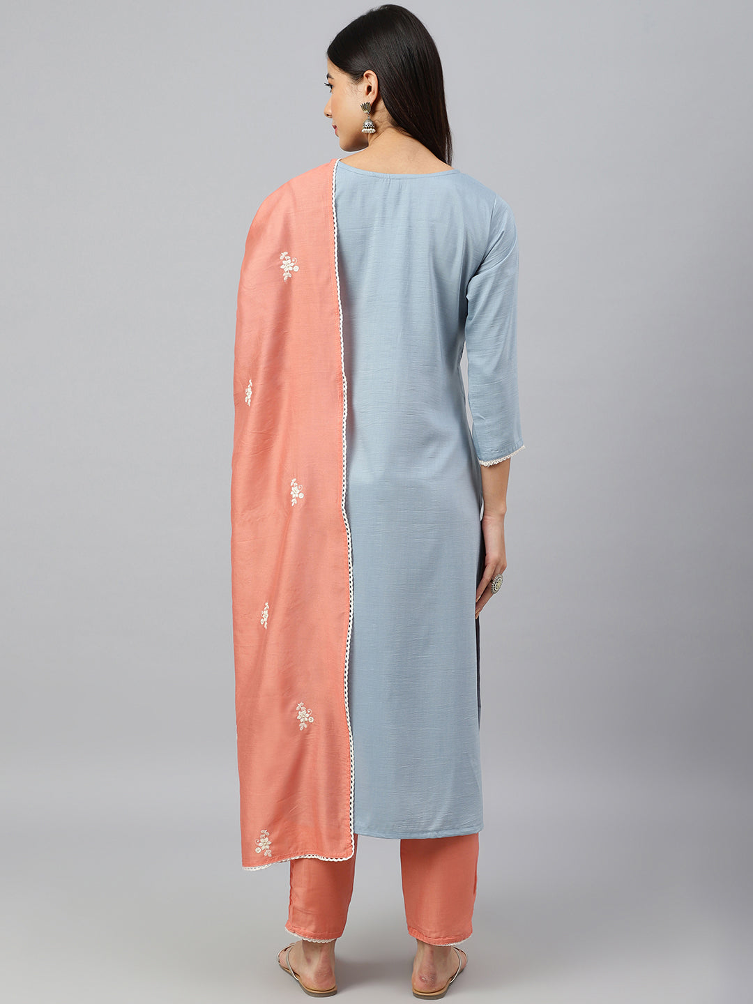 Janasya Women's Grey Poly Silk Floral Embroidery Kurta With Pant And Dupatta | Swadesiicart
