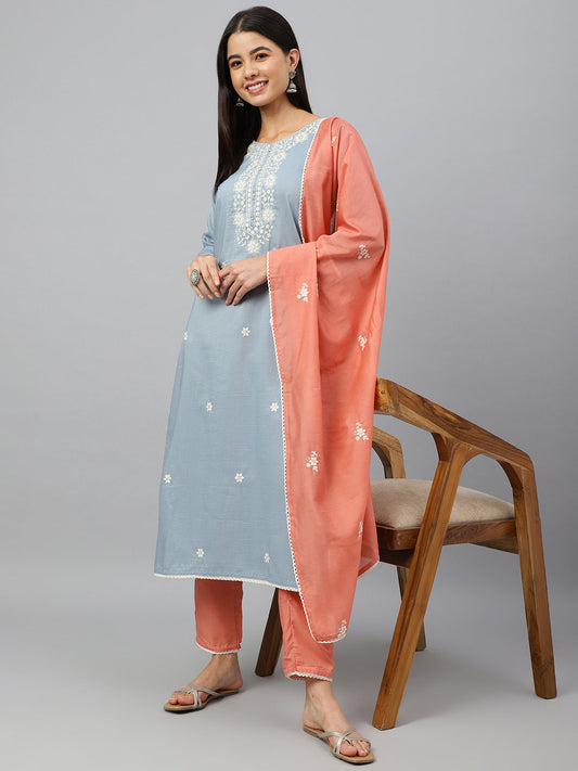 Janasya Women's Grey Poly Silk Floral Embroidery Kurta With Pant And Dupatta | Swadesiicart