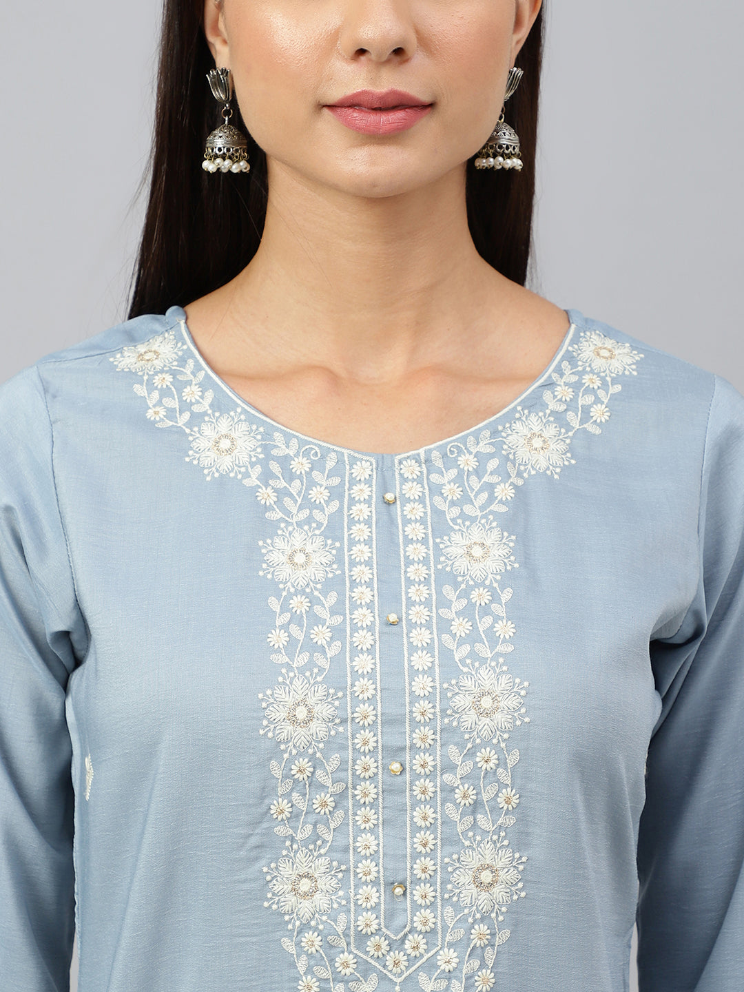 Janasya Women's Grey Poly Silk Floral Embroidery Kurta With Pant And Dupatta | Swadesiicart