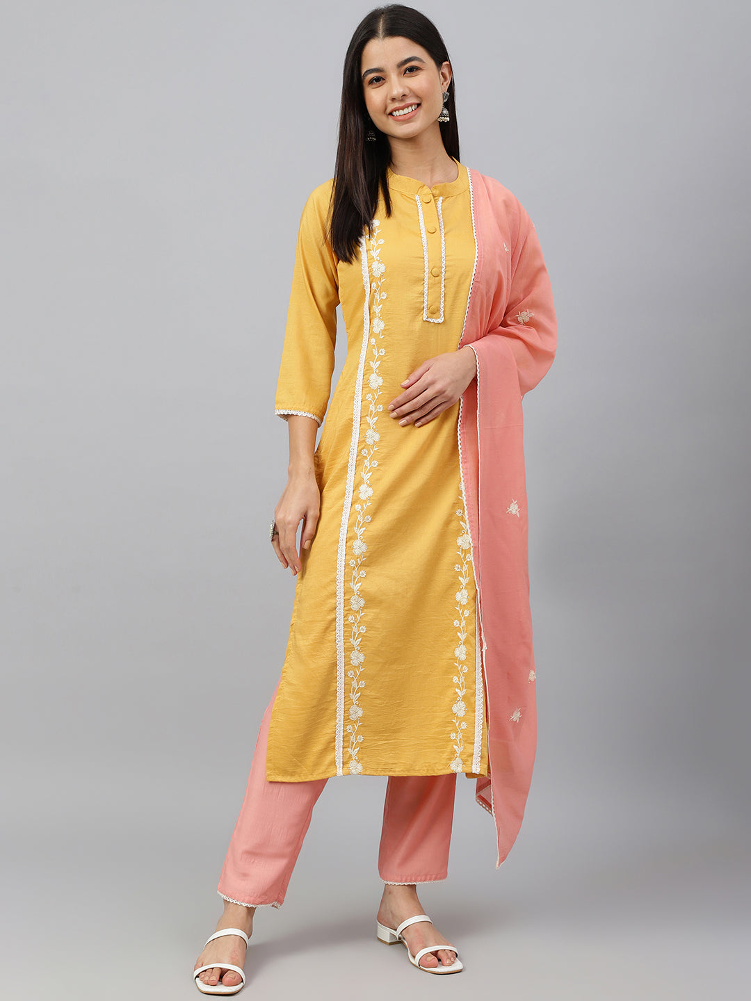 Janasya Women's Mustard Poly Silk Floral Embroidery Kurta With Pant And Dupatta | Swadesiicart