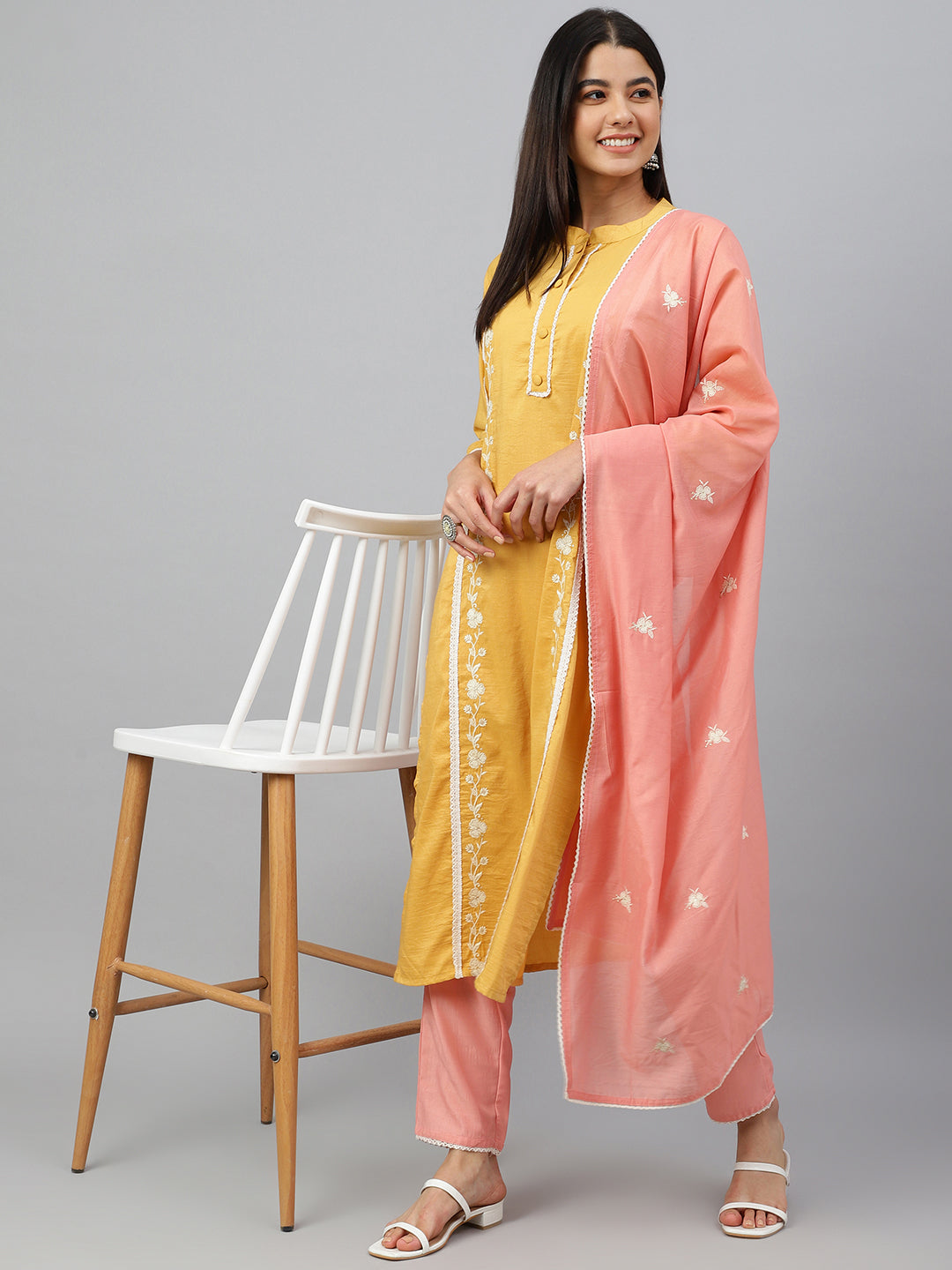 Janasya Women's Mustard Poly Silk Floral Embroidery Kurta With Pant And Dupatta | Swadesiicart