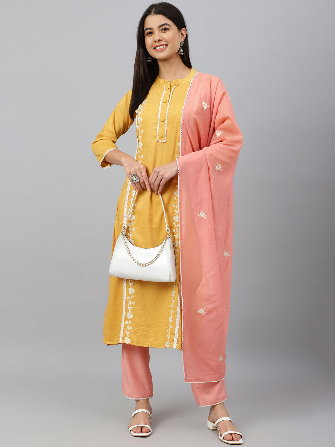 Janasya Women's Mustard Poly Silk Floral Embroidery Kurta With Pant And Dupatta | Swadesiicart