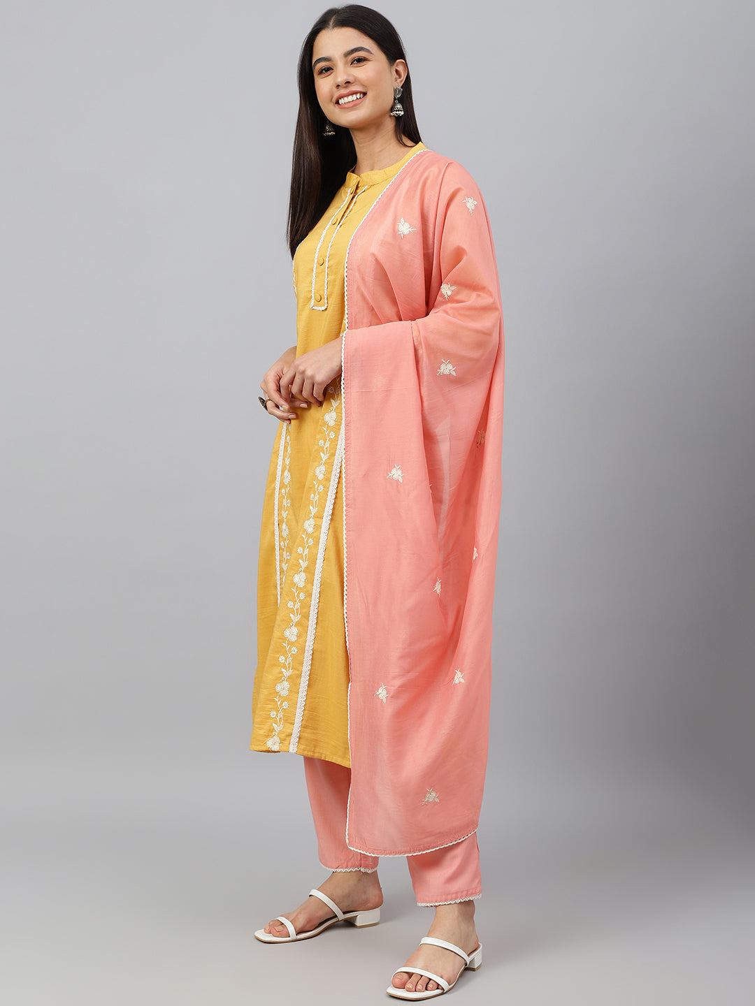 Janasya Women's Mustard Poly Silk Floral Embroidery Kurta With Pant And Dupatta | Swadesiicart