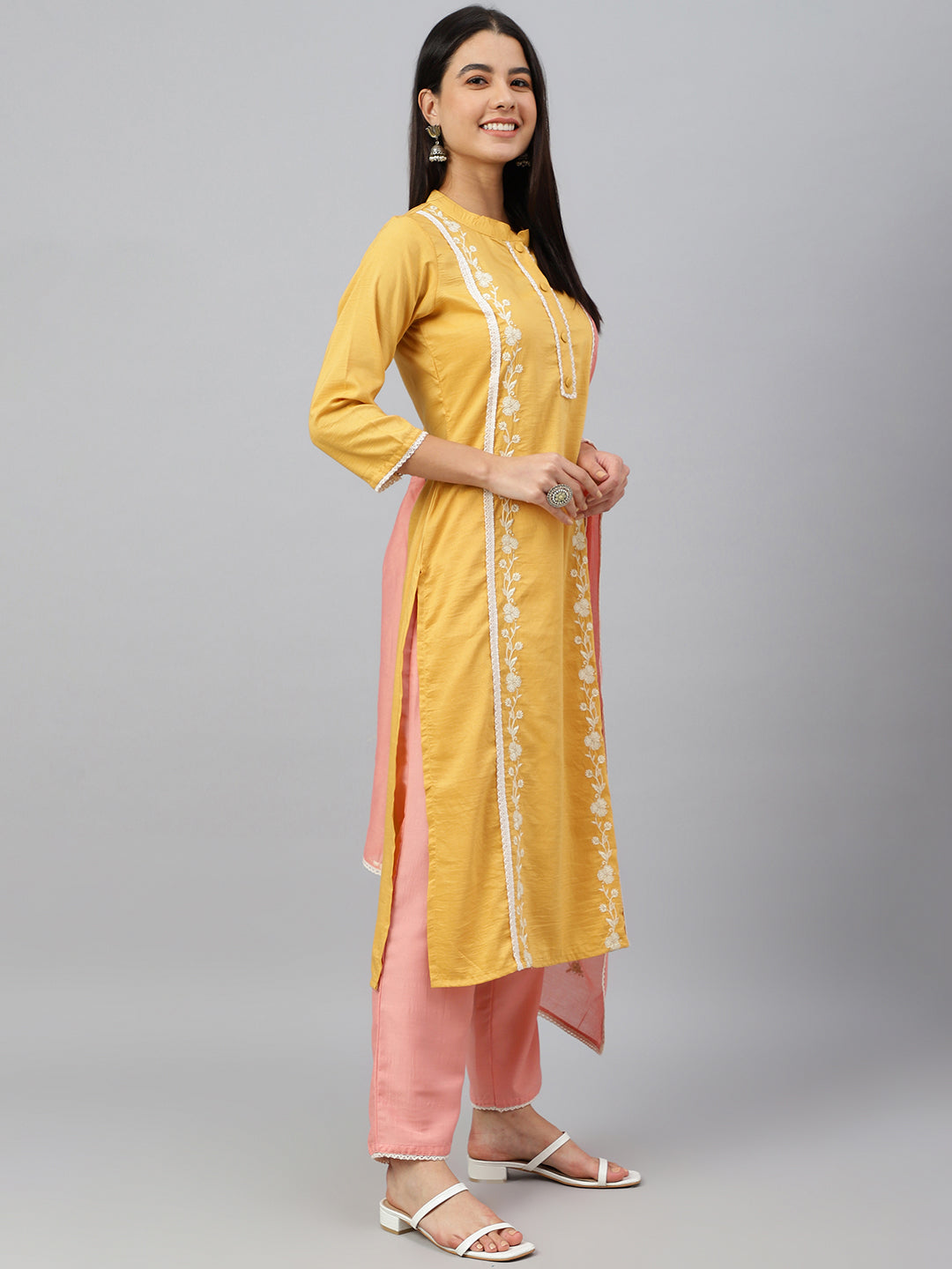 Janasya Women's Mustard Poly Silk Floral Embroidery Kurta With Pant And Dupatta | Swadesiicart