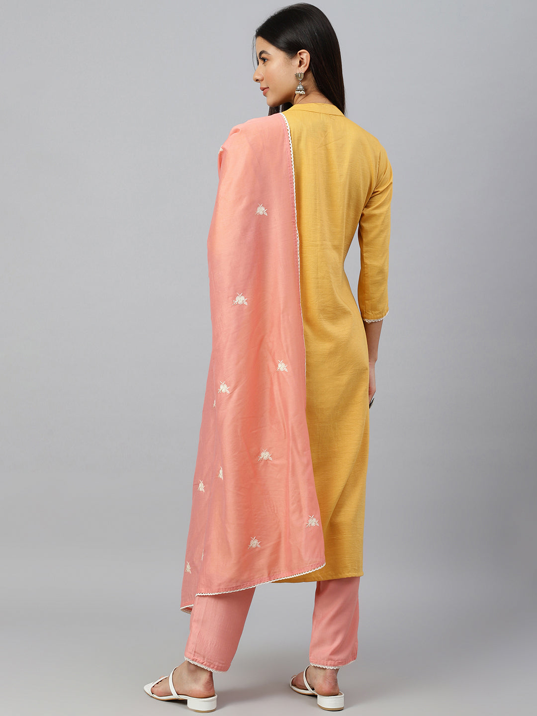Janasya Women's Mustard Poly Silk Floral Embroidery Kurta With Pant And Dupatta | Swadesiicart