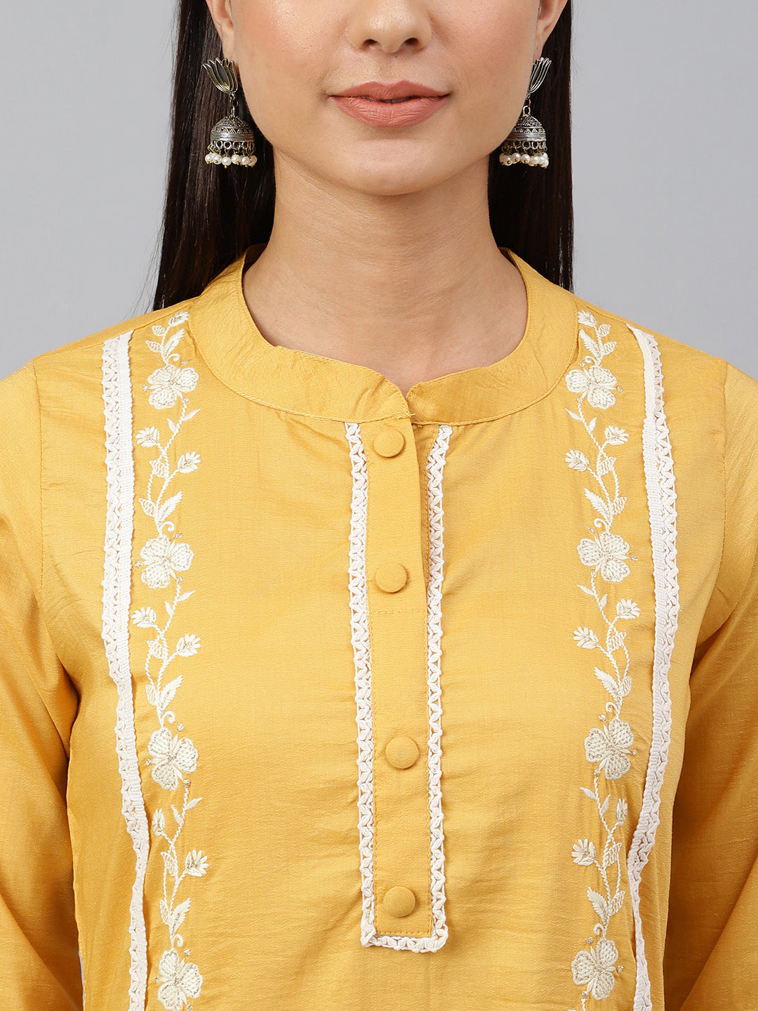 Janasya Women's Mustard Poly Silk Floral Embroidery Kurta With Pant And Dupatta | Swadesiicart