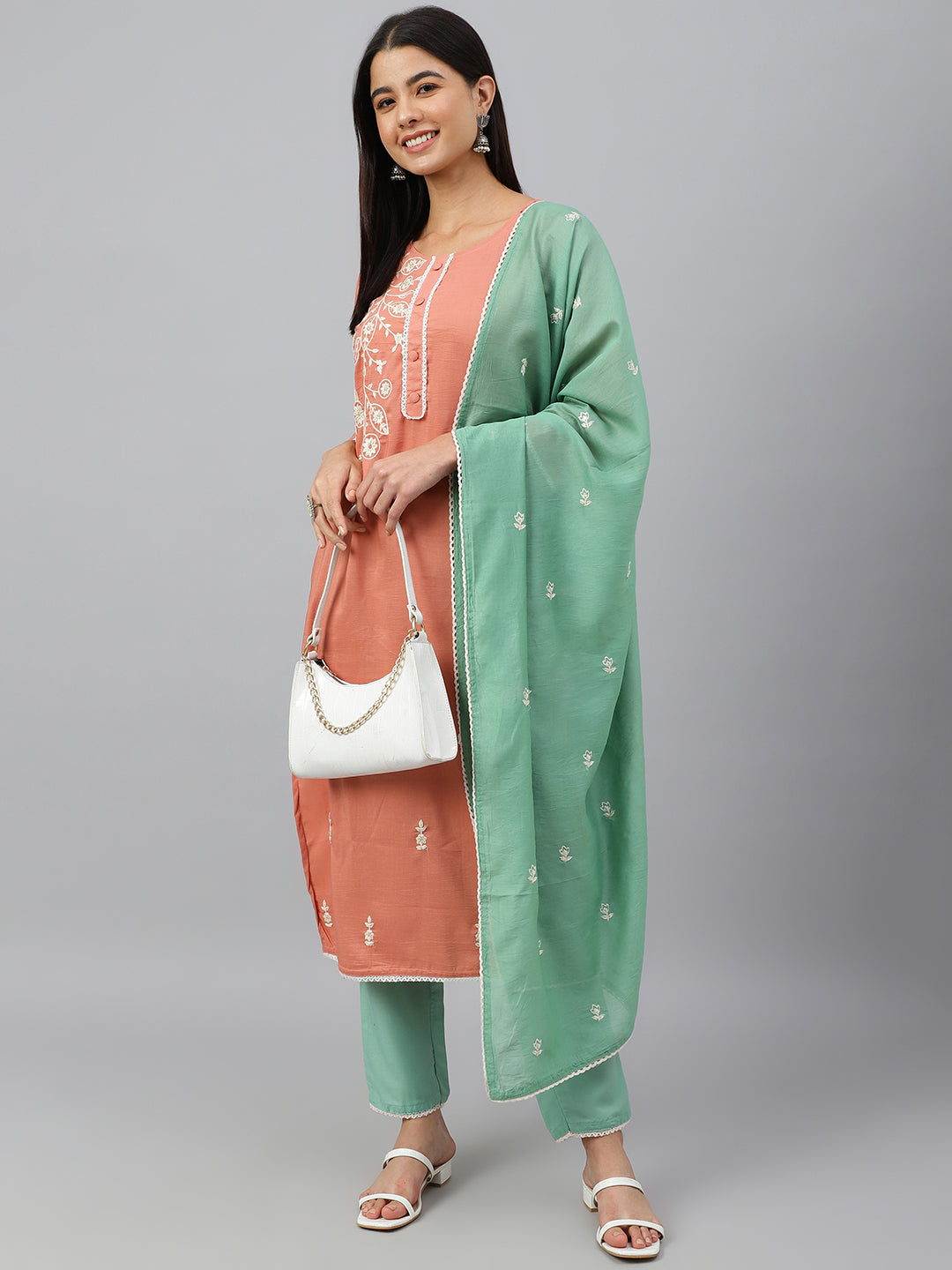 Janasya Women's Coral Poly Silk Floral Embroidery Kurta With Pant And Dupatta | Swadesiicart