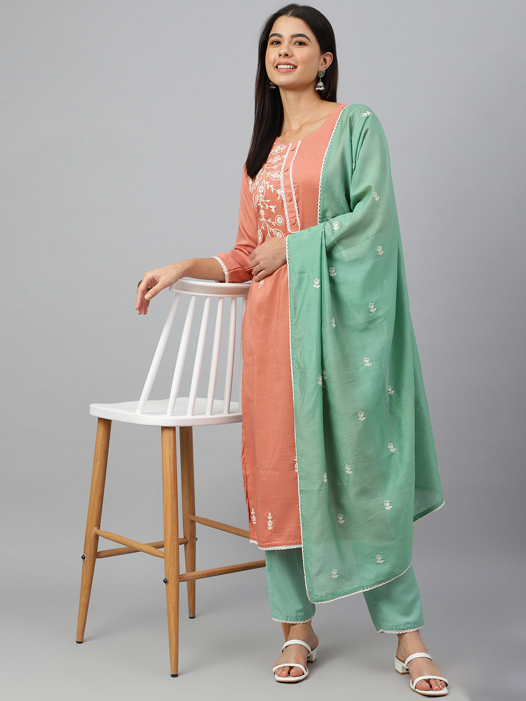 Janasya Women's Coral Poly Silk Floral Embroidery Kurta With Pant And Dupatta | Swadesiicart