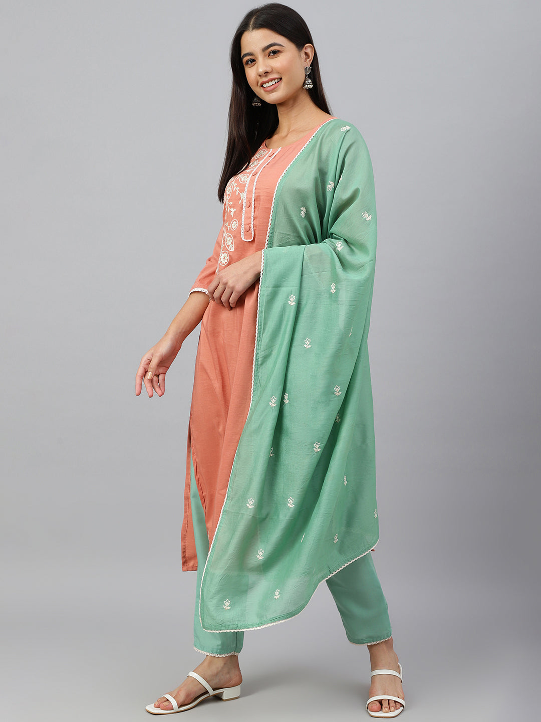 Janasya Women's Coral Poly Silk Floral Embroidery Kurta With Pant And Dupatta | Swadesiicart