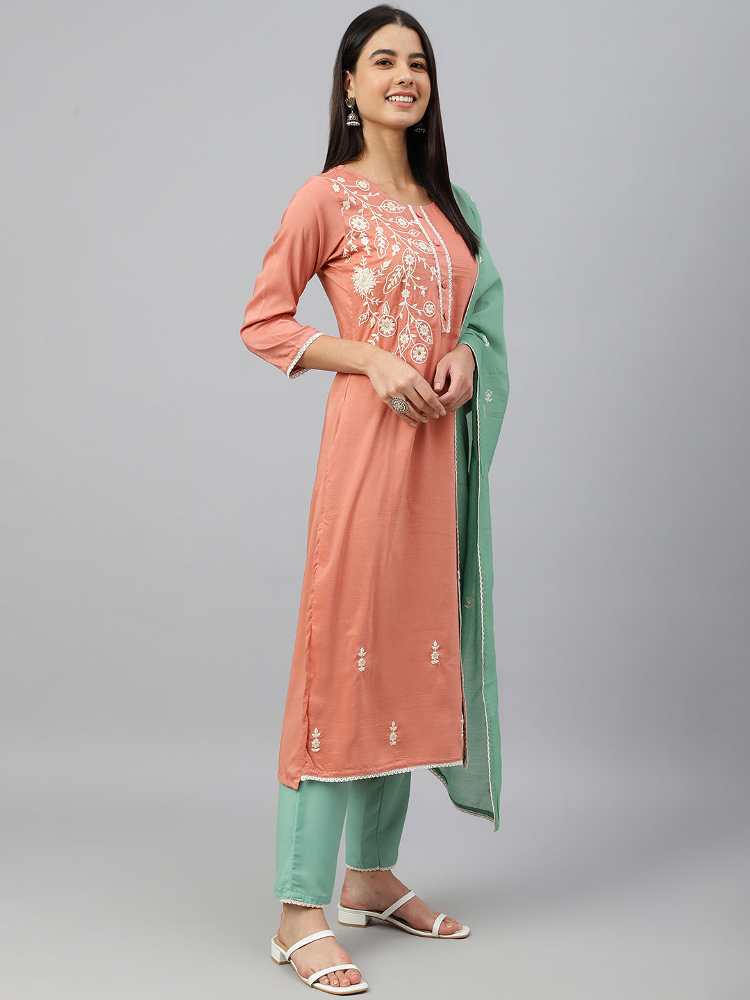 Janasya Women's Coral Poly Silk Floral Embroidery Kurta With Pant And Dupatta | Swadesiicart