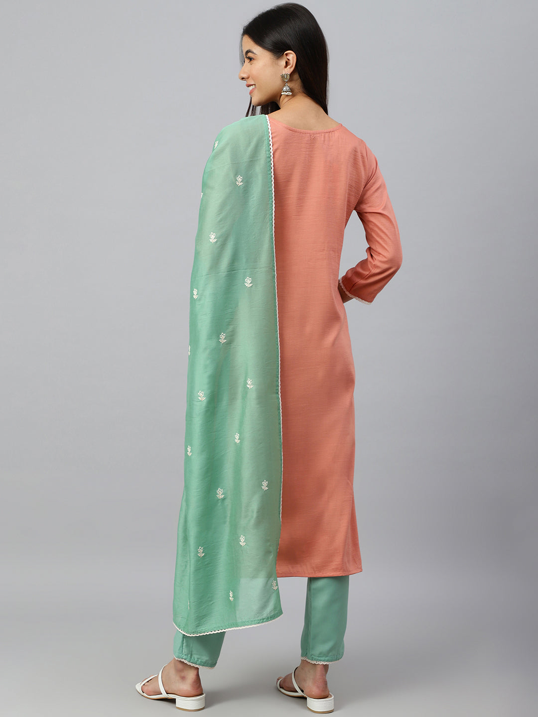 Janasya Women's Coral Poly Silk Floral Embroidery Kurta With Pant And Dupatta | Swadesiicart