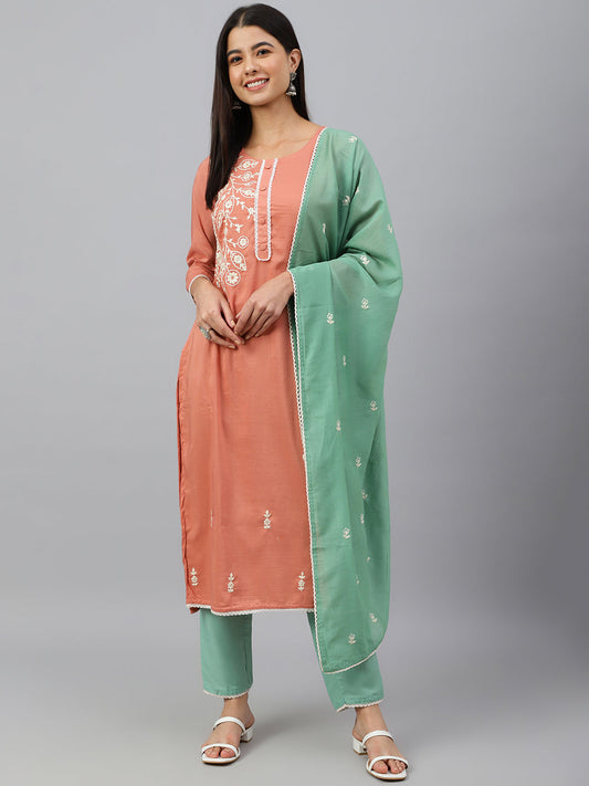 Janasya Women's Coral Poly Silk Floral Embroidery Kurta With Pant And Dupatta | Swadesiicart