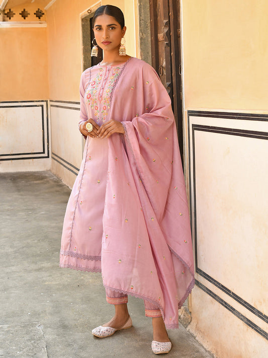 Janasya Women's Mauve Poly Silk Floral Embroidery Kurta With Pant And Dupatta | Swadesiicart
