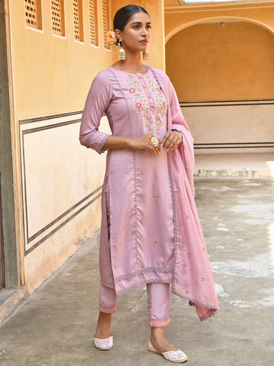 Janasya Women's Mauve Poly Silk Floral Embroidery Kurta With Pant And Dupatta | Swadesiicart