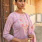 Janasya Women's Mauve Poly Silk Floral Embroidery Kurta With Pant And Dupatta | Swadesiicart