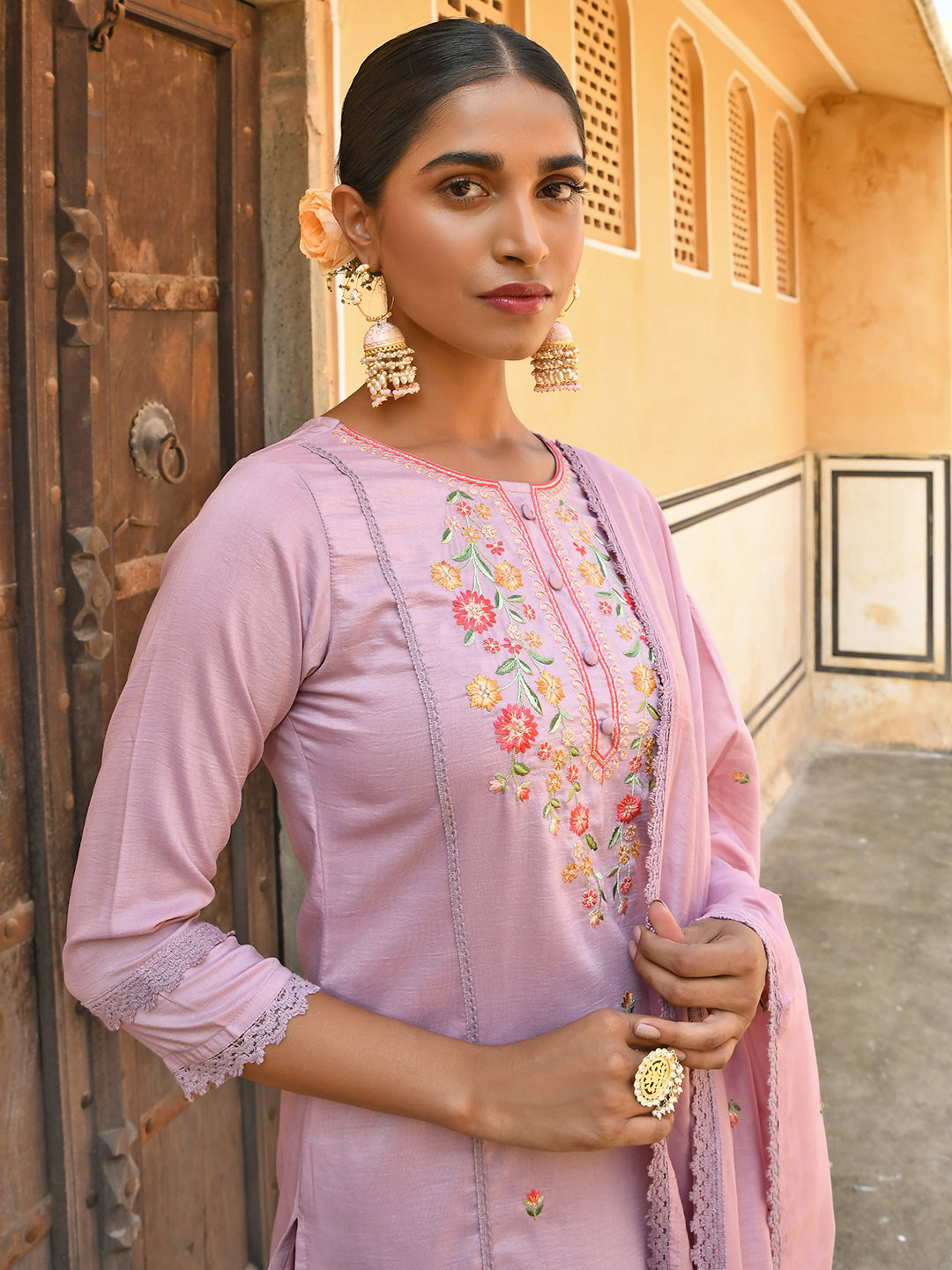 Janasya Women's Mauve Poly Silk Floral Embroidery Kurta With Pant And Dupatta | Swadesiicart