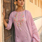 Janasya Women's Mauve Poly Silk Floral Embroidery Kurta With Pant And Dupatta | Swadesiicart