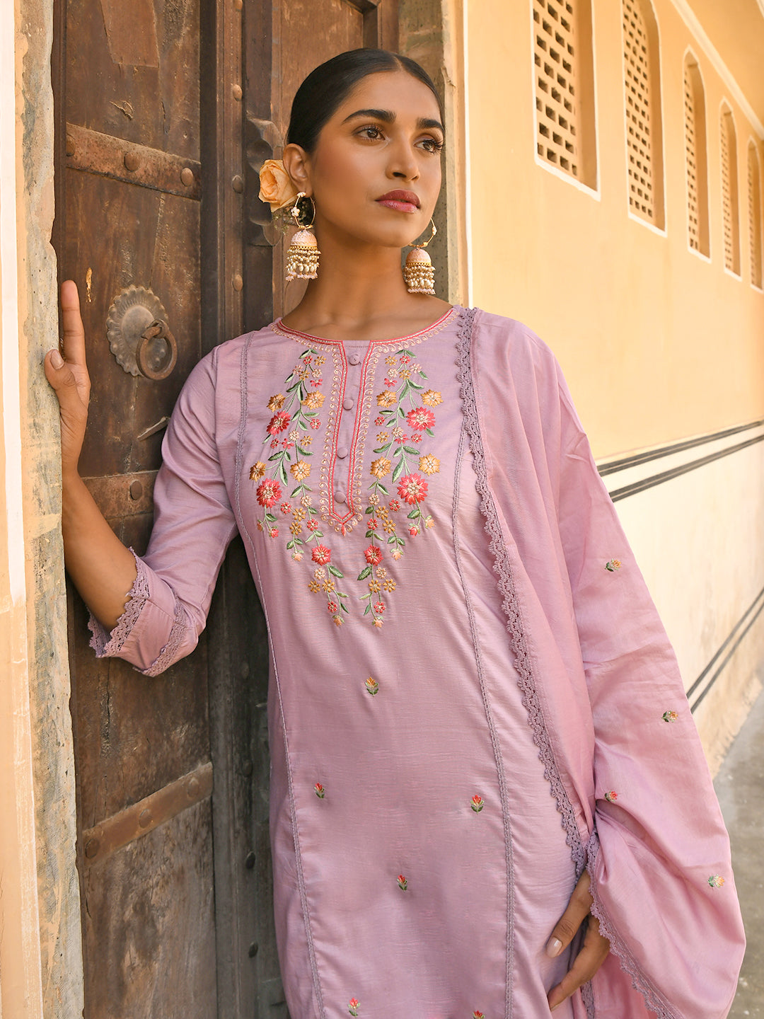 Janasya Women's Mauve Poly Silk Floral Embroidery Kurta With Pant And Dupatta | Swadesiicart