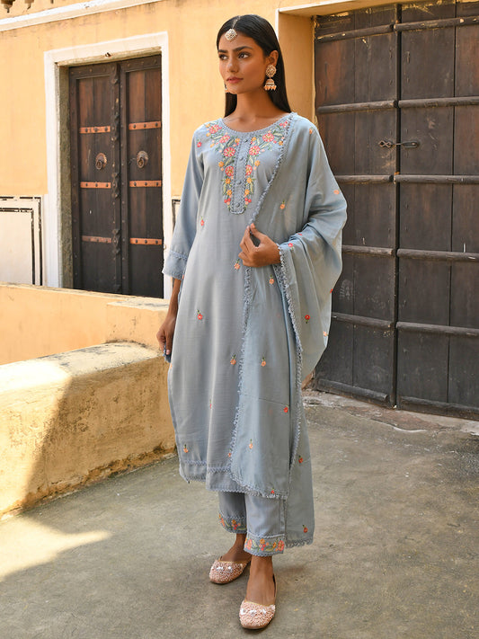 Janasya Women's Mint Blue Poly Silk Floral Embroidery Kurta With Pant And Dupatta | Swadesiicart