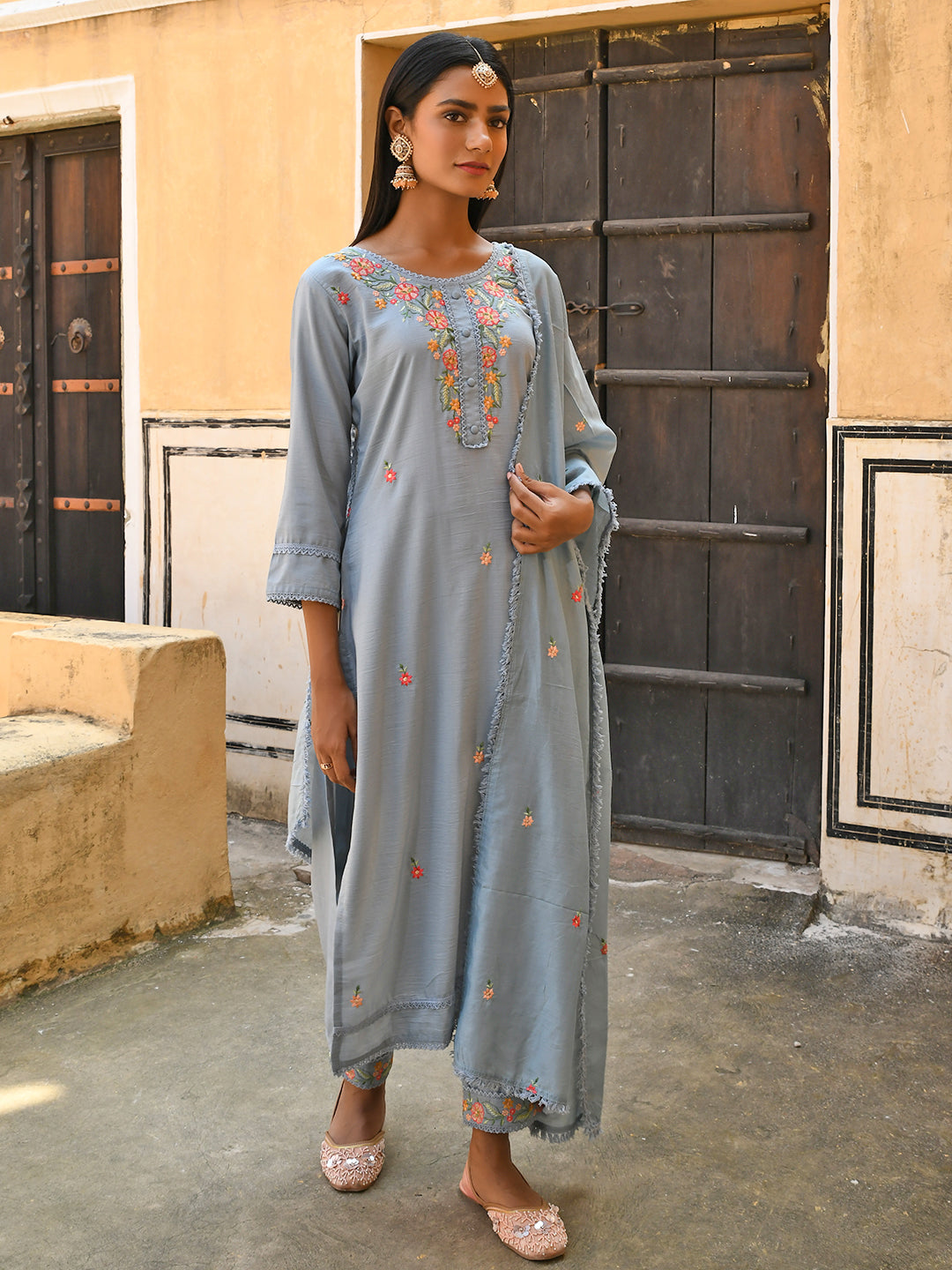 Janasya Women's Mint Blue Poly Silk Floral Embroidery Kurta With Pant And Dupatta | Swadesiicart