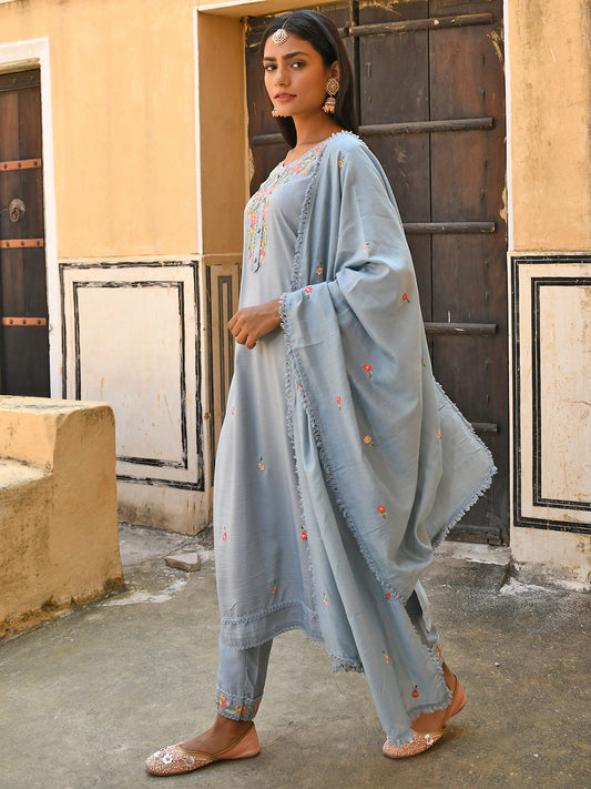 Janasya Women's Mint Blue Poly Silk Floral Embroidery Kurta With Pant And Dupatta | Swadesiicart