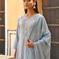 Janasya Women's Mint Blue Poly Silk Floral Embroidery Kurta With Pant And Dupatta | Swadesiicart