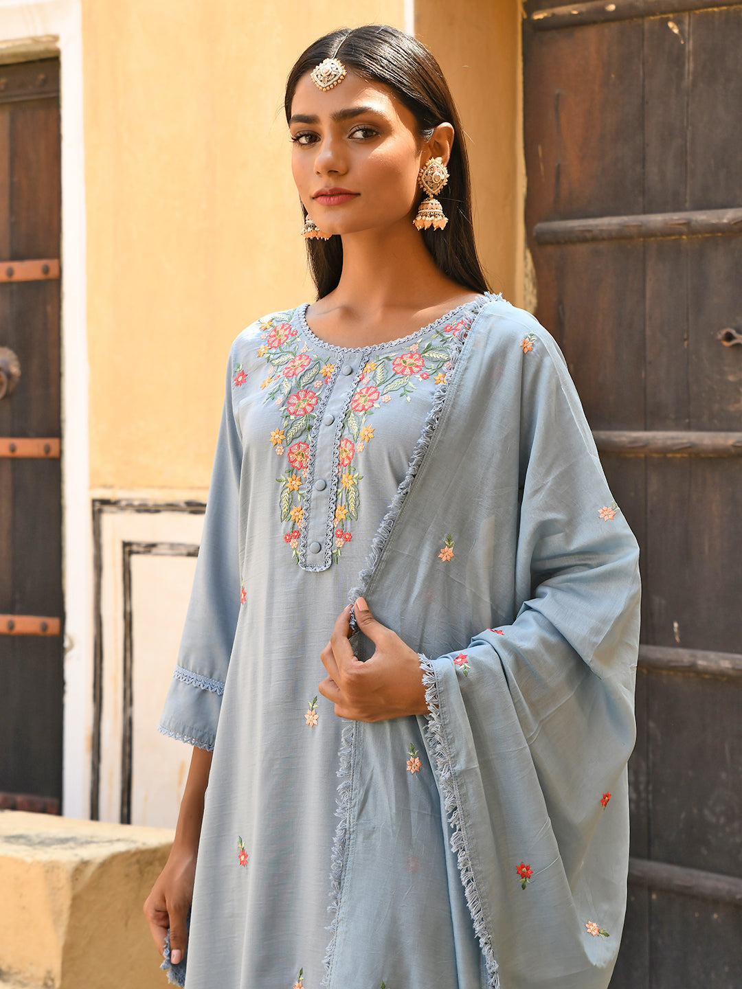 Janasya Women's Mint Blue Poly Silk Floral Embroidery Kurta With Pant And Dupatta | Swadesiicart