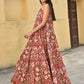 Janasya Women's Red Cotton Floral Print Tiered Western Dress | Swadesiicart