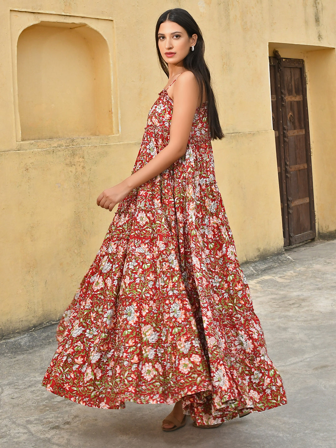 Janasya Women's Red Cotton Floral Print Tiered Western Dress | Swadesiicart