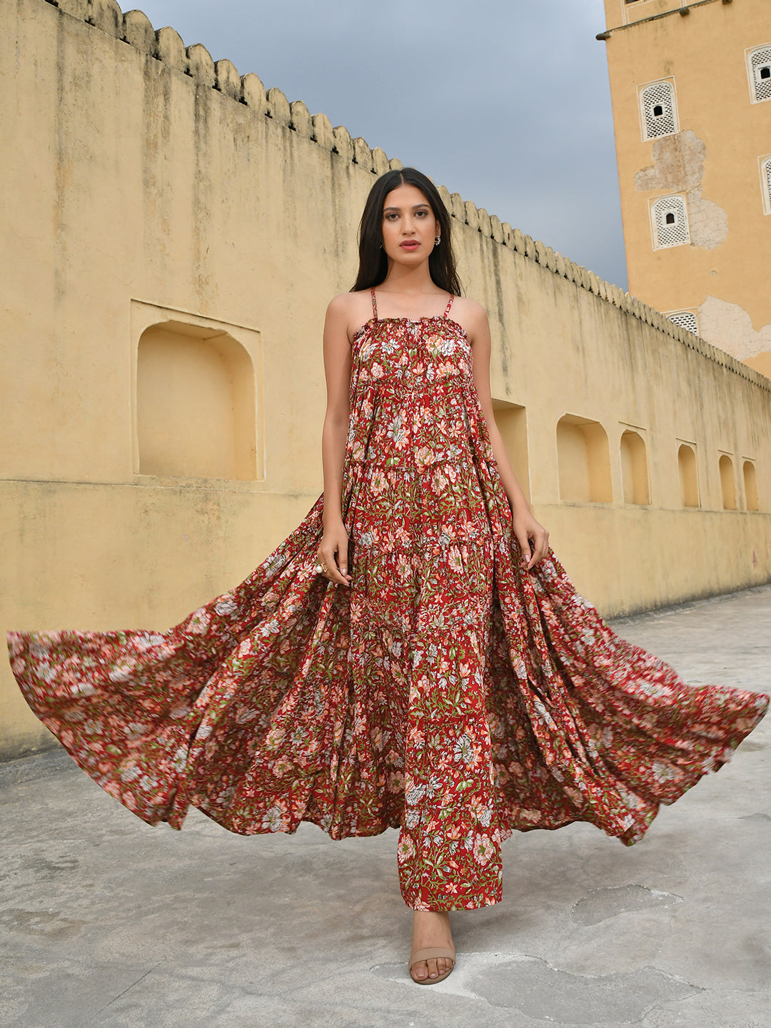 Janasya Women's Red Cotton Floral Print Tiered Western Dress | Swadesiicart