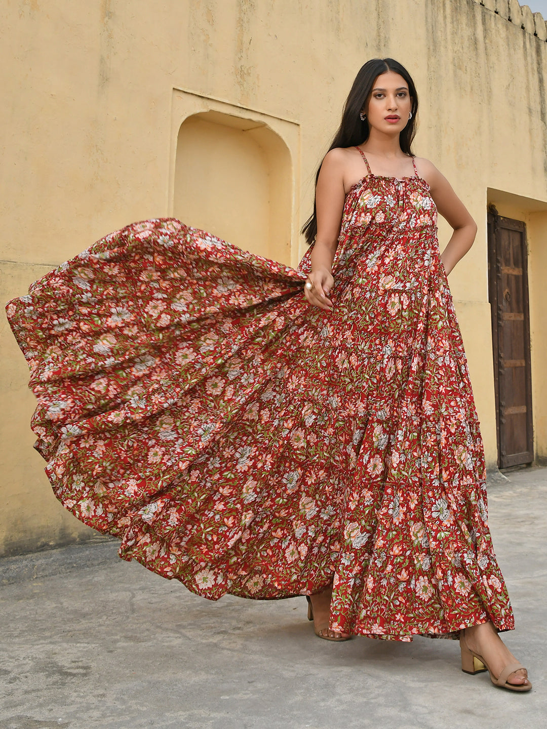 Janasya Women's Red Cotton Floral Print Tiered Western Dress | Swadesiicart