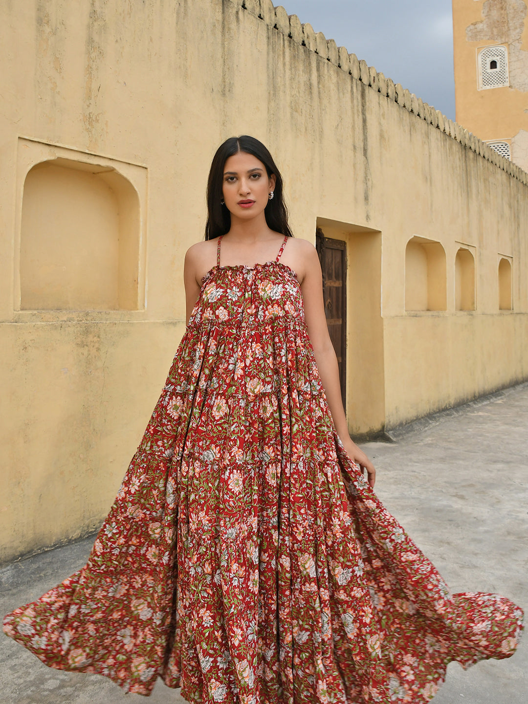 Janasya Women's Red Cotton Floral Print Tiered Western Dress | Swadesiicart