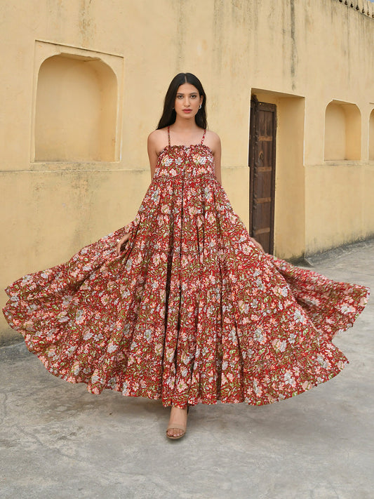Janasya Women's Red Cotton Floral Print Tiered Western Dress | Swadesiicart