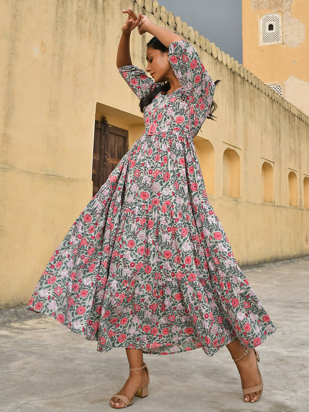 Janasya Women's Pastel Green Cotton Floral Print Tiered Western Dress | Swadesiicart