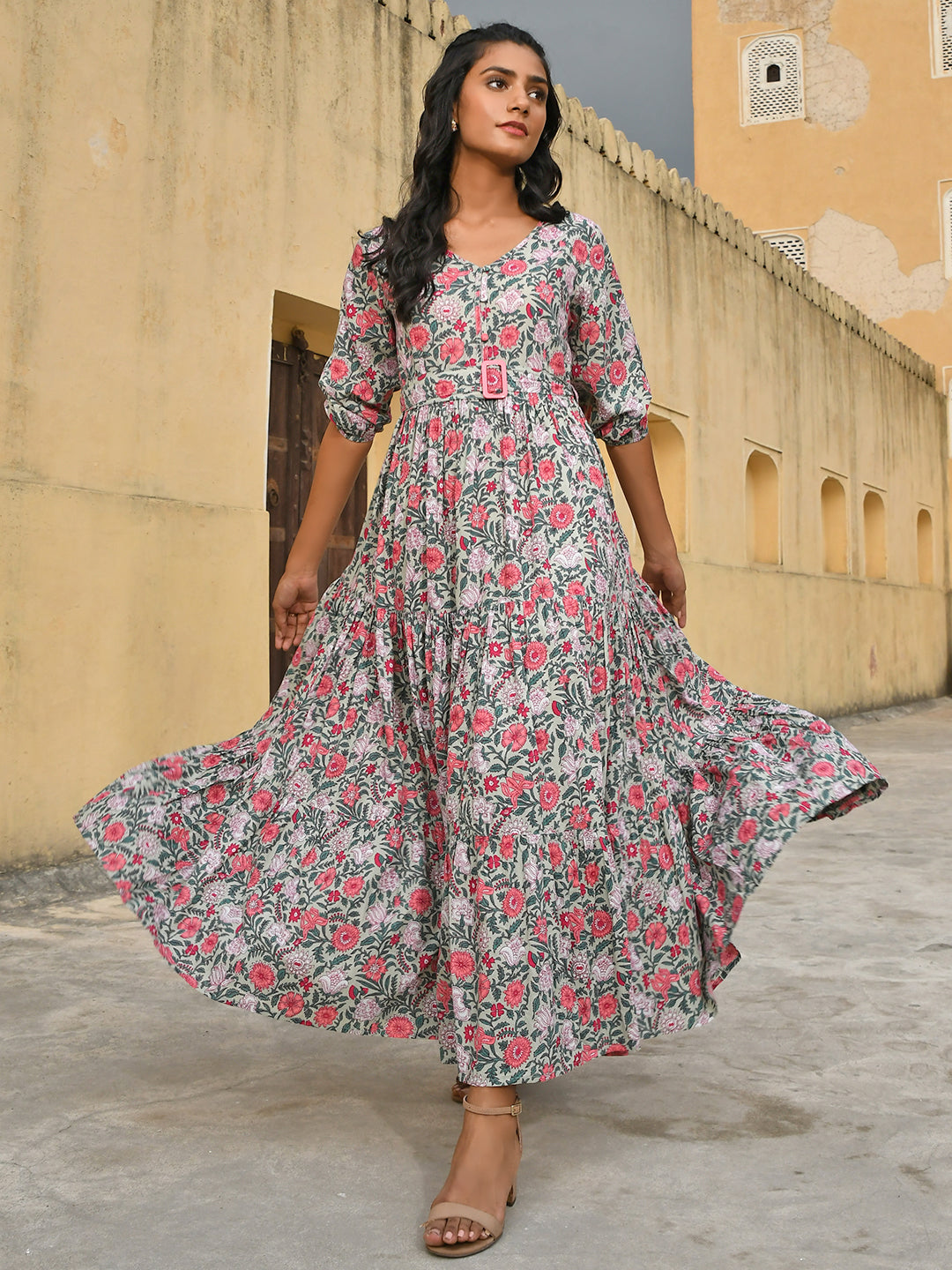 Janasya Women's Pastel Green Cotton Floral Print Tiered Western Dress | Swadesiicart