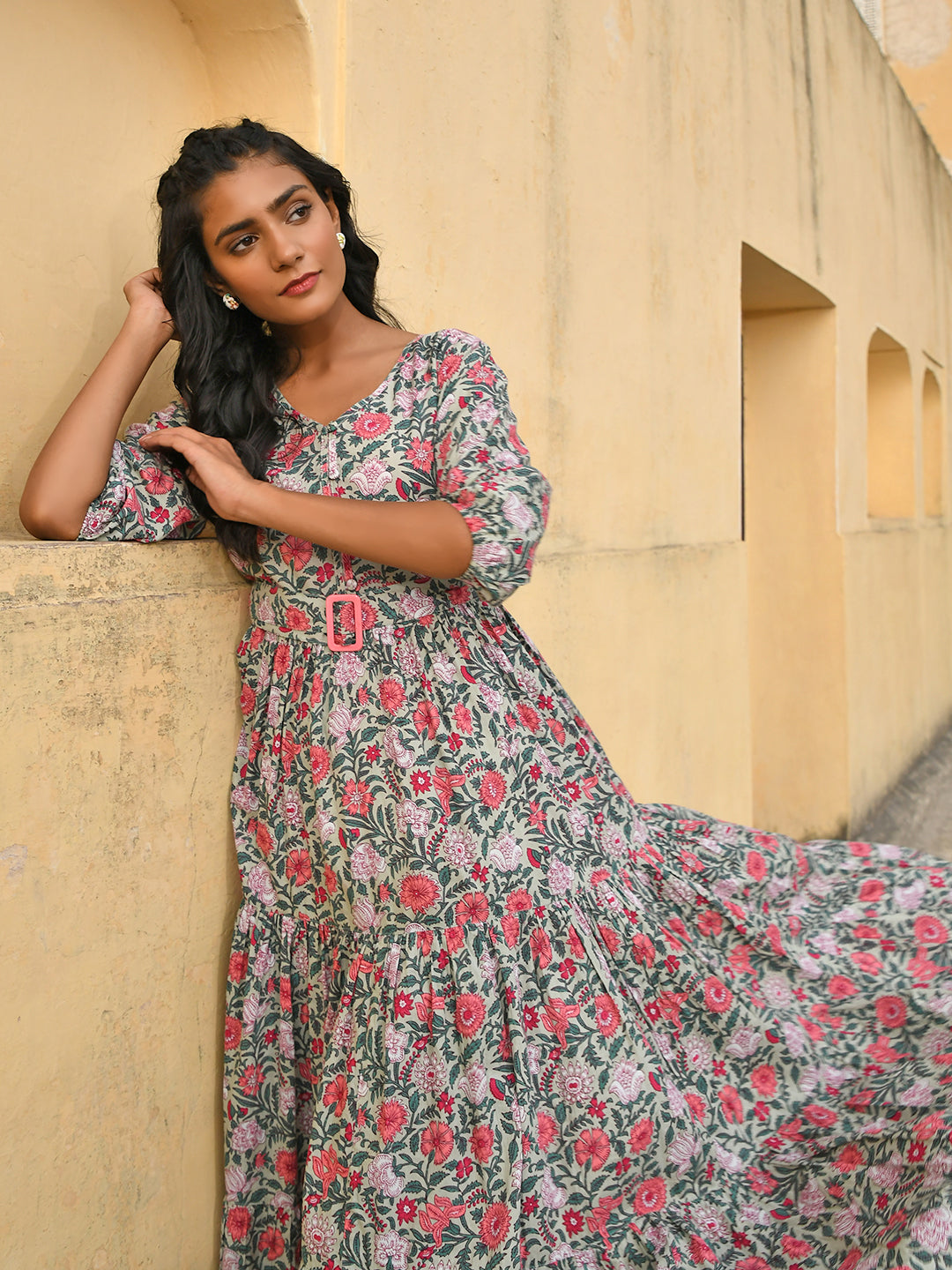 Janasya Women's Pastel Green Cotton Floral Print Tiered Western Dress | Swadesiicart