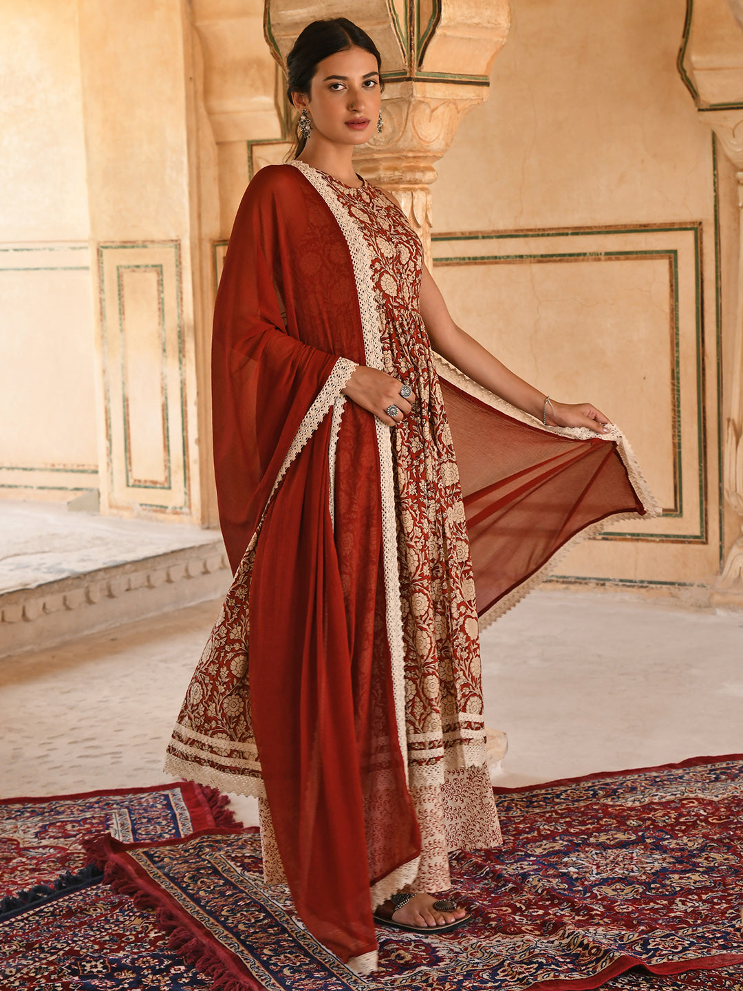 Janasya Women's Rust Cotton Floral Print Kurta With Palazzo And Dupatta | Swadesiicart