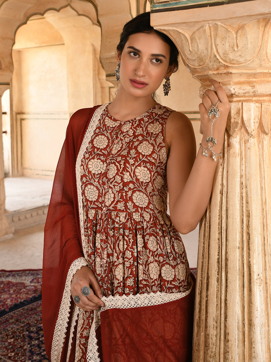 Janasya Women's Rust Cotton Floral Print Kurta With Palazzo And Dupatta | Swadesiicart