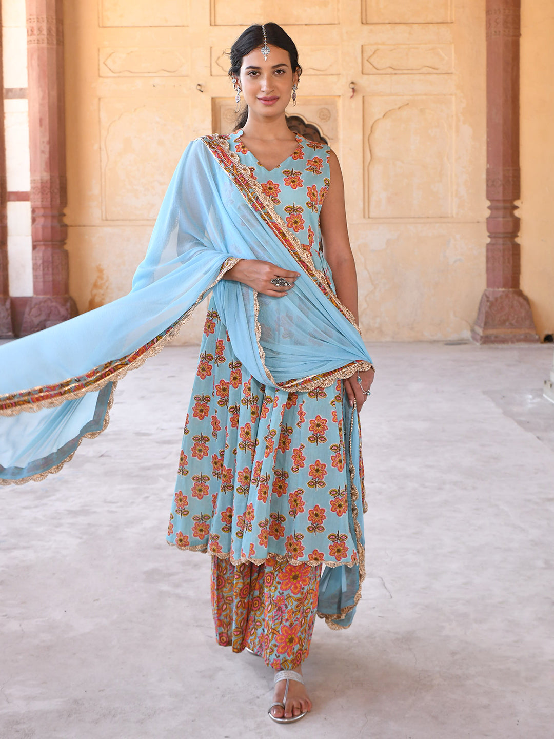 Janasya Women's Mint Blue Cotton Floral Print Kurta With Palazzo And Dupatta | Swadesiicart