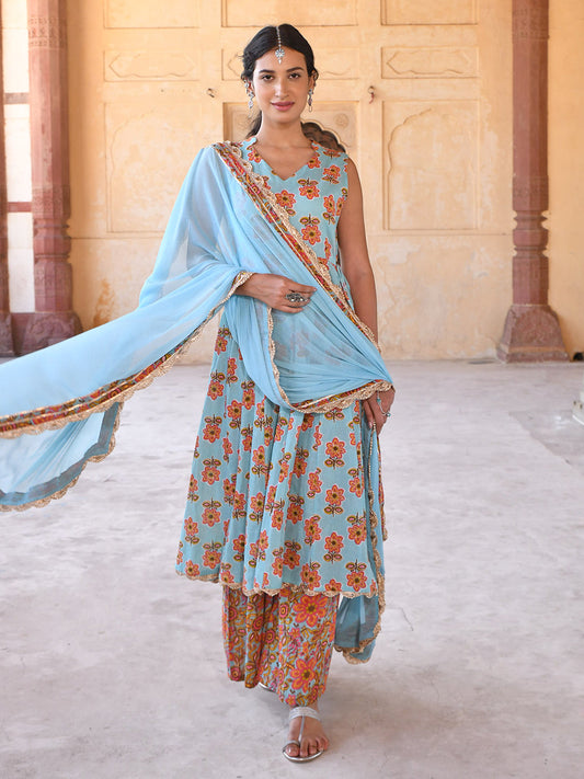 Janasya Women's Mint Blue Cotton Floral Print Kurta With Palazzo And Dupatta | Swadesiicart