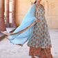 Janasya Women's Mint Blue Cotton Floral Print Kurta With Palazzo And Dupatta | Swadesiicart