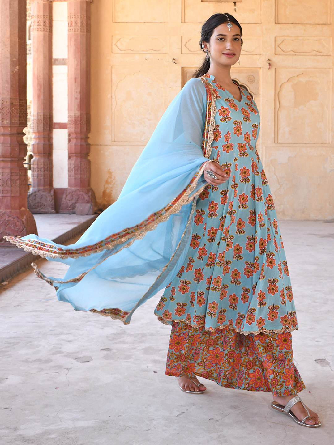 Janasya Women's Mint Blue Cotton Floral Print Kurta With Palazzo And Dupatta | Swadesiicart