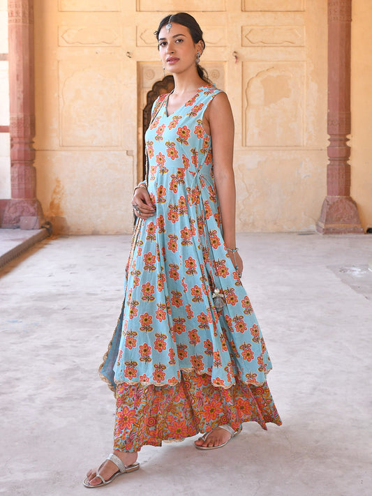 Janasya Women's Mint Blue Cotton Floral Print Kurta With Palazzo And Dupatta | Swadesiicart