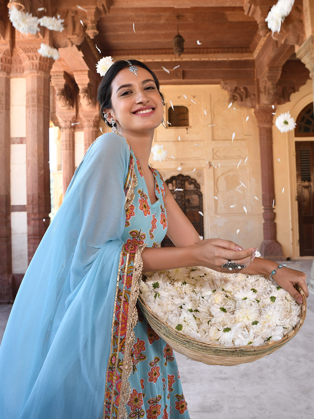 Janasya Women's Mint Blue Cotton Floral Print Kurta With Palazzo And Dupatta | Swadesiicart