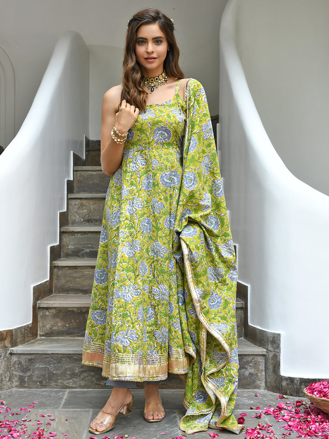 Janasya Women's Mustard Cotton Printed Kurta With Pant And Dupatta | Swadesiicart