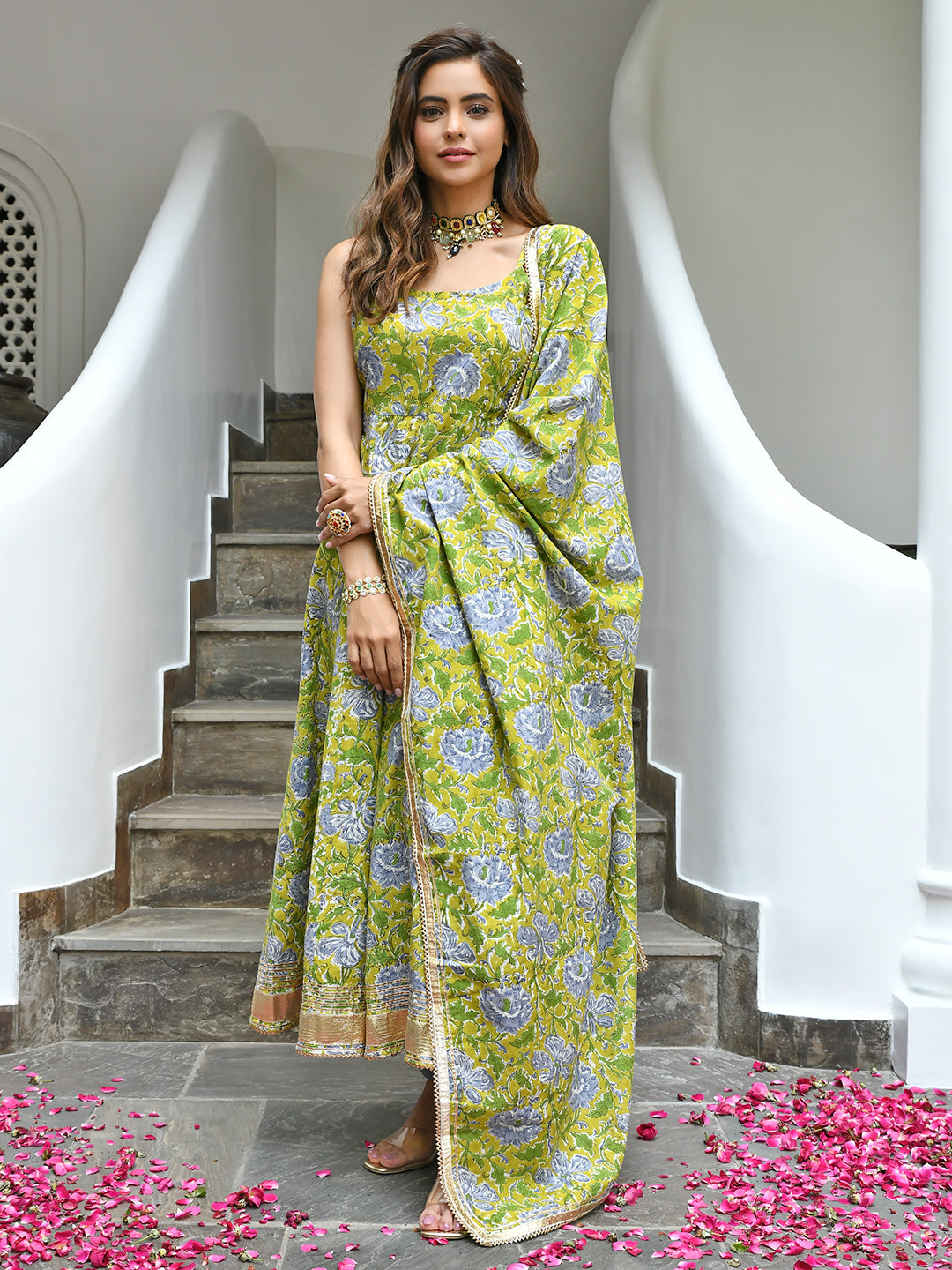 Janasya Women's Mustard Cotton Printed Kurta With Pant And Dupatta | Swadesiicart