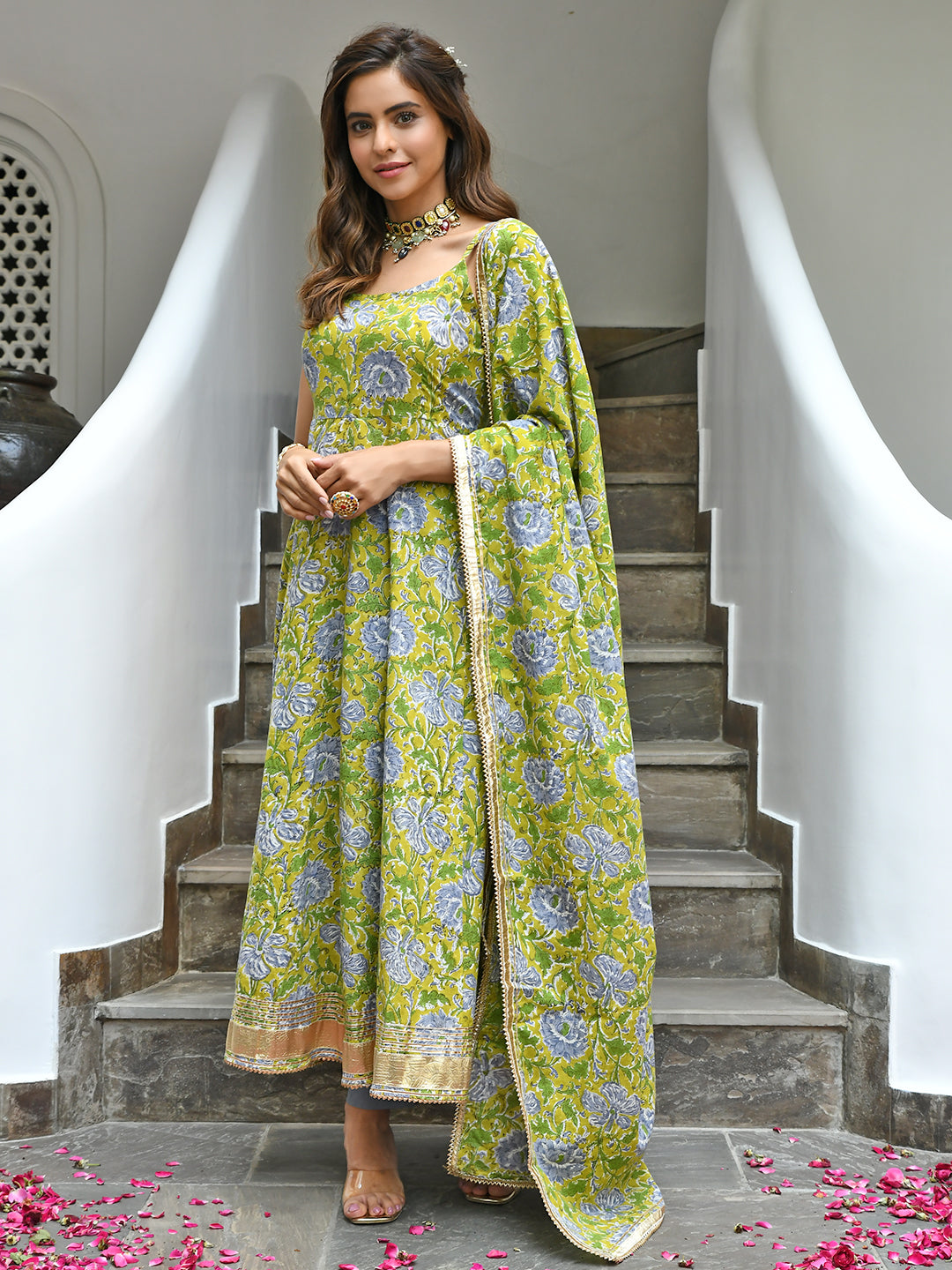 Janasya Women's Mustard Cotton Printed Kurta With Pant And Dupatta | Swadesiicart