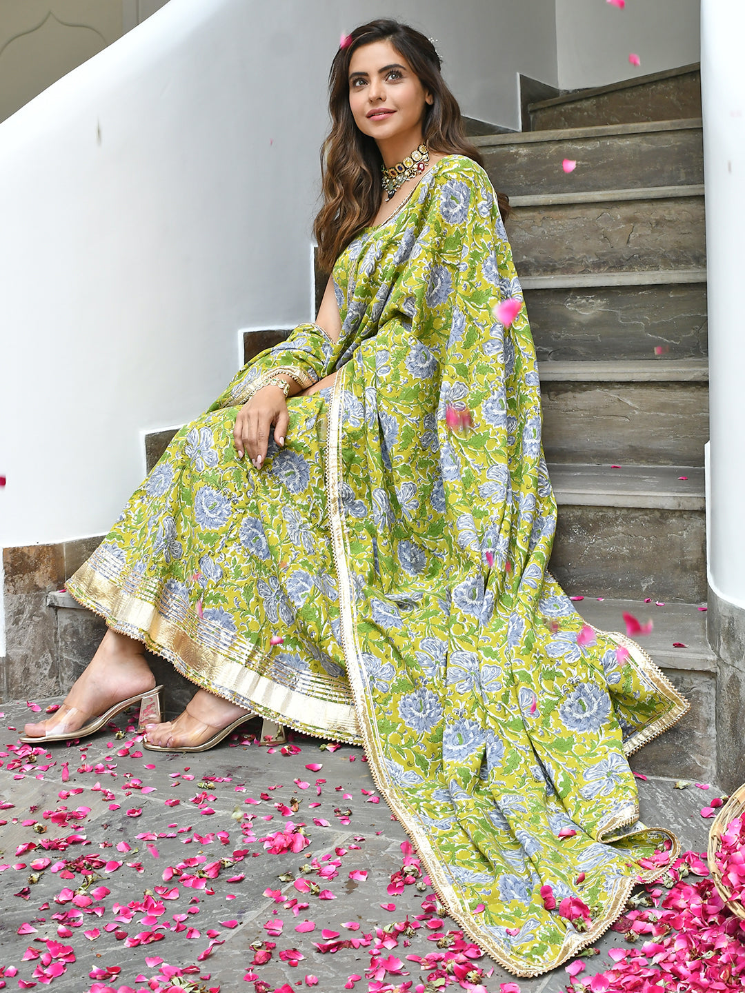 Janasya Women's Mustard Cotton Printed Kurta With Pant And Dupatta | Swadesiicart